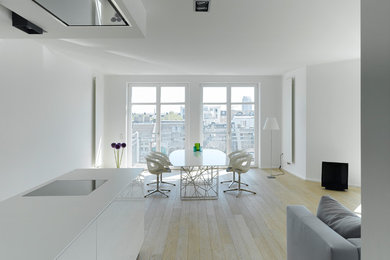 Großes Modernes Wohnzimmer im Loft-Stil mit weißer Wandfarbe und braunem Holzboden in Hamburg