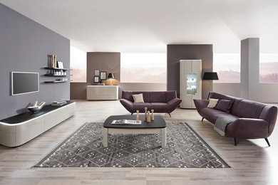 Modernes Wohnzimmer mit grauer Wandfarbe, hellem Holzboden und TV-Wand in Berlin