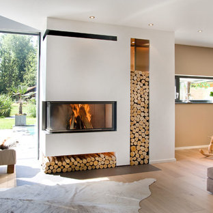 75+ Wohnzimmer mit Eckkamin und verputzter Kaminumrandung Ideen