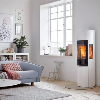 Inspiration for a mid-sized scandinavian enclosed light wood floor and beige floor family room library remodel in Hanover with white walls, a standard fireplace, a metal fireplace and no tv
