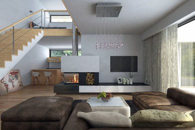 Geräumiges, Offenes Modernes Wohnzimmer mit Eckkamin und Kaminumrandung aus Metall in Sonstige
