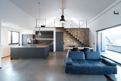 Diseño de salón para visitas tipo loft industrial grande sin chimenea y televisor con suelo de cemento, suelo gris y paredes blancas