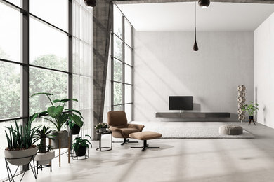 Großes Modernes Wohnzimmer ohne Kamin mit grauer Wandfarbe, Betonboden, freistehendem TV und grauem Boden in Frankfurt am Main