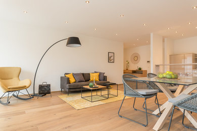 Modernes Wohnzimmer mit braunem Holzboden in Düsseldorf