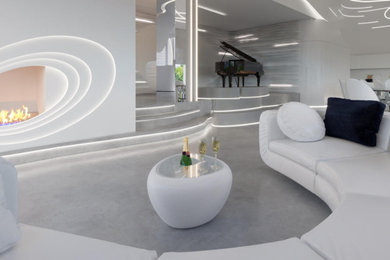 Imagen de sala de estar con rincón musical abierta moderna grande con paredes blancas, suelo de cemento, chimenea lineal, marco de chimenea de yeso, televisor retractable y suelo gris