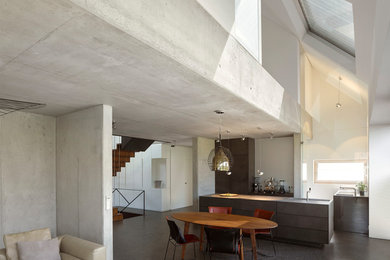 Großes, Repräsentatives, Fernseherloses Industrial Wohnzimmer ohne Kamin, im Loft-Stil mit grauer Wandfarbe und schwarzem Boden in Stuttgart