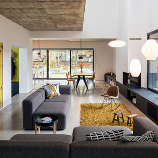 Mittelgroßes, Repräsentatives, Fernseherloses Modernes Wohnzimmer im Loft-Stil mit weißer Wandfarbe, Betonboden, Kamin, grauem Boden und verputzter Kaminumrandung in Berlin