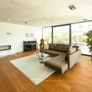 Mittelgroßes Modernes Musikzimmer mit hellem Holzboden, Kamin, verputzter Kaminumrandung, weißer Wandfarbe und braunem Boden in Stuttgart