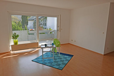 Mittelgroßes Modernes Wohnzimmer mit weißer Wandfarbe und Laminat in Frankfurt am Main