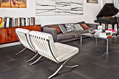 Foto de sala de estar con rincón musical actual de tamaño medio sin chimenea con paredes blancas, suelo de pizarra y suelo negro