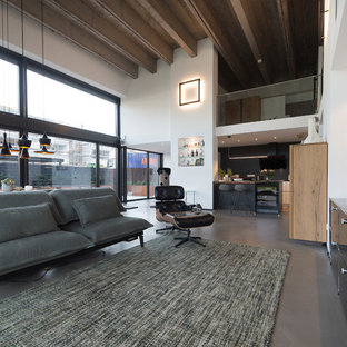 Großes, Offenes Industrial Wohnzimmer ohne Kamin mit weißer Wandfarbe, Betonboden, Wand-TV und grauem Boden in Sonstige