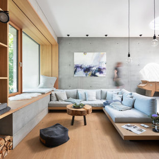 Repräsentatives, Großes, Fernseherloses Modernes Wohnzimmer mit grauer Wandfarbe, Kaminumrandung aus Metall und beigem Boden in München