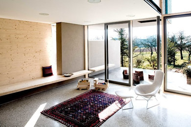 Imagen de salón cerrado contemporáneo de tamaño medio sin televisor con paredes marrones