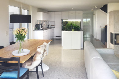 Großes, Offenes Modernes Wohnzimmer mit weißer Wandfarbe, Betonboden, grauem Boden, Eckkamin und Kaminumrandung aus Beton in Sonstige