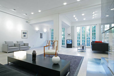 Foto de salón abierto actual extra grande con paredes blancas, suelo de madera clara y televisor independiente