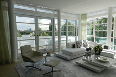 Großes, Offenes Klassisches Wohnzimmer mit weißer Wandfarbe, hellem Holzboden und beigem Boden in Hamburg