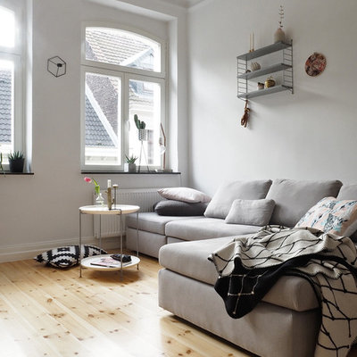 Example of a small danish enclosed light wood floor family room design in Cologne with white walls and no fireplace