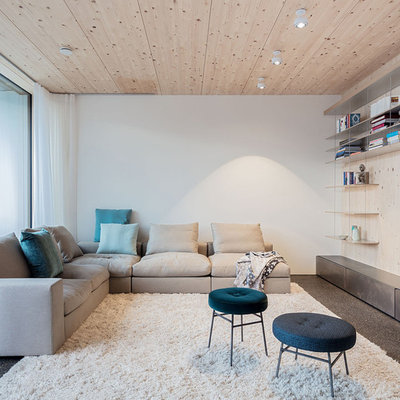 Small danish open concept family room library photo in Stuttgart with white walls, no fireplace and no tv