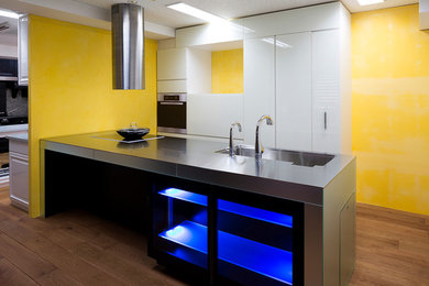 東京23区にある中くらいなエクレクティックスタイルのおしゃれなキッチン (無垢フローリング、一体型シンク、フラットパネル扉のキャビネット、白いキャビネット、ステンレスカウンター、黄色いキッチンパネル、シルバーの調理設備) の写真