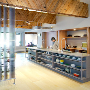 Asian open concept kitchen appliance - Open concept kitchen - zen galley light wood floor open concept kitchen idea in Tokyo with an undermount sink, open cabinets, brown cabinets, stainless steel countertops, gray backsplash, paneled appliances and an island