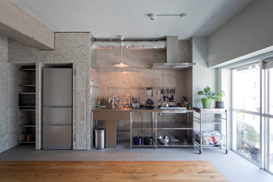 東京23区にあるインダストリアルスタイルのおしゃれなI型キッチン (一体型シンク、オープンシェルフ) の写真