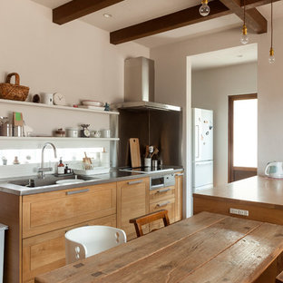 Photo of an asian single-wall eat-in kitchen in Other with an undermount sink, flat-panel cabinets, stainless steel cabinets, stainless steel benchtops, white splashback, stainless steel appliances, light hardwood floors and a peninsula.