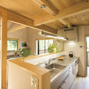 Asian kitchen remodeling - Inspiration for an asian light wood floor and brown floor kitchen remodel in Other with a single-bowl sink, flat-panel cabinets, stainless steel countertops, white backsplash and an island