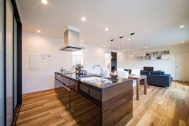 Modelo de cocina lineal minimalista abierta con encimera de granito, electrodomésticos de acero inoxidable, suelo de madera en tonos medios y suelo beige