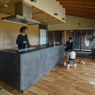 他の地域の中くらいの和風のおしゃれなキッチン (無垢フローリング、ベージュの床、インセット扉のキャビネット、ヴィンテージ仕上げキャビネット、テラゾーカウンター、白いキッチンパネル、セメントタイルのキッチンパネル、黒いキッチンカウンター) の写真