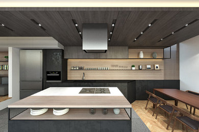 This is an example of a small contemporary galley open plan kitchen in Tokyo with an integrated sink, flat-panel cabinets, grey cabinets, composite countertops, grey splashback, ceramic splashback, stainless steel appliances, porcelain flooring, an island, grey floors and white worktops.