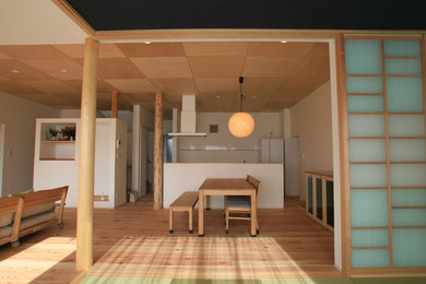 Idéer för en matplats med öppen planlösning, med vita väggar och ljust trägolv