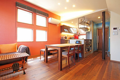 Diseño de comedor actual abierto con paredes multicolor y suelo de madera en tonos medios