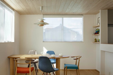 Scandi dining room in Other with white walls, medium hardwood flooring and brown floors.