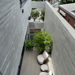 Ispirazione per un grande patio o portico minimalista nel cortile laterale con piastrelle e un tetto a sbalzo