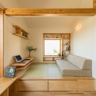 Idee per un piccolo soggiorno scandinavo con pareti bianche, pavimento in tatami e pavimento verde