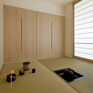 Ispirazione per un soggiorno etnico con pareti bianche, nessuna TV, pavimento in tatami, nessun camino e pavimento verde