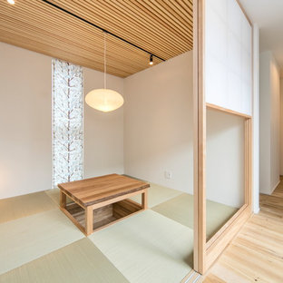 Esempio di un soggiorno etnico con pareti bianche, pavimento in tatami e pavimento verde