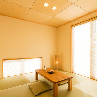 Ispirazione per un soggiorno etnico con pareti beige, pavimento in tatami e pavimento verde