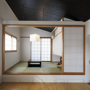 Foto di un soggiorno etnico con pareti bianche, pavimento in tatami e pavimento verde