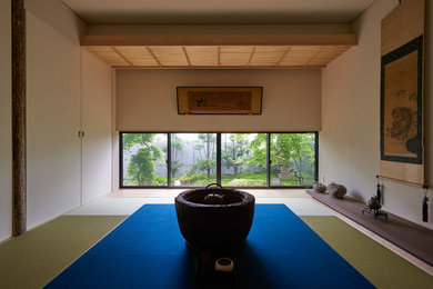 Exemple d'une salle de séjour asiatique avec un mur beige et un sol de tatami.