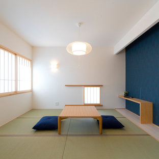 Idee per un soggiorno etnico con pareti blu, pavimento in tatami e pavimento verde