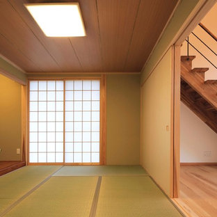 Ispirazione per un soggiorno etnico con pareti verdi, pavimento in tatami e pavimento verde