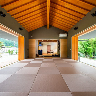 Fernseherloses Modernes Wohnzimmer mit grüner Wandfarbe, Tatami-Boden und rosa Boden in Sonstige