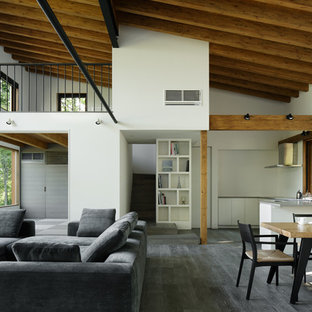 Inspiration for a contemporary open plan living room in Other with white walls and painted wood flooring.