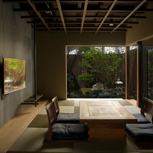 Esempio di un soggiorno etnico chiuso con sala formale, pareti multicolore, pavimento in tatami, TV a parete e pavimento verde
