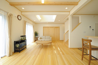 Foto på ett mellanstort funkis allrum med öppen planlösning, med ett finrum, vita väggar, ljust trägolv, en fristående TV och beiget golv