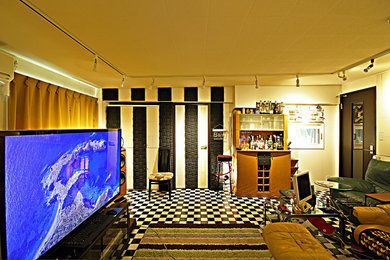 東京23区にある低価格の中くらいなモダンスタイルのおしゃれなLDK (ミュージックルーム、白い壁、セラミックタイルの床、暖炉なし、据え置き型テレビ、白い床) の写真