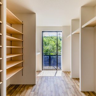 Idéer för att renovera ett funkis walk-in-closet för könsneutrala, med öppna hyllor och brunt golv