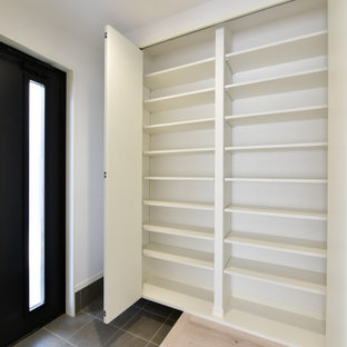 Foto de armario unisex y papel pintado, minimalista, extra grande, con armarios con paneles lisos, puertas de armario blancas, suelo de contrachapado, suelo beige y papel pintado