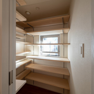 Idee per una piccola cabina armadio nordica con pavimento in compensato e pavimento marrone